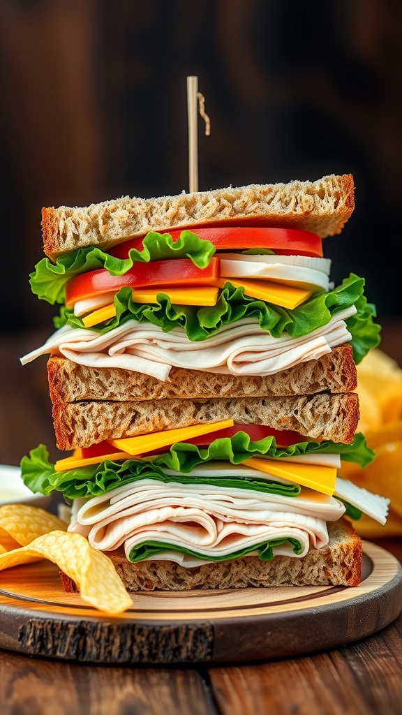 A delicious deli sandwich with turkey and cheese on whole grain bread, served with chips on a rustic table.